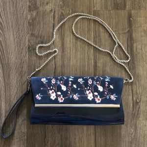 𝅺whbm embroidered cherry blossom blue suede and faux patent bag
